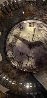 Steampunk-inspired art with clock and surreal face design.