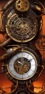 Steampunk clock wallpaper with fiery orange background.