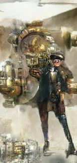 Steampunk-themed mobile wallpaper with a mysterious figure.