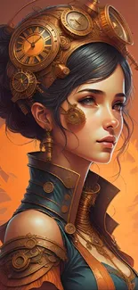 Steampunk woman with clockwork gear in ornate orange design.