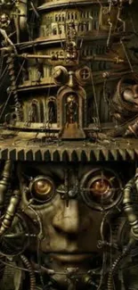 Steampunk wallpaper with a mechanical face and intricate gears.