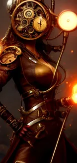 Steampunk themed art with a fiery female character in orange and brown tones.