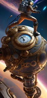 Steampunk astronaut on cosmic adventure with planets and gears.