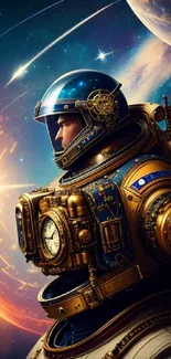 Steampunk astronaut exploring space with vibrant cosmic backdrop.