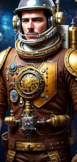 Steampunk astronaut in a cosmic universe with planets and stars.