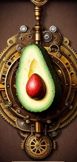 Steampunk avocado with gears mobile wallpaper design.