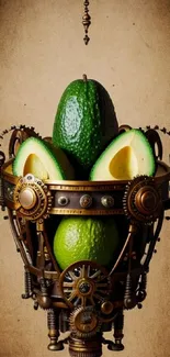 Steampunk avocados in a gear-inspired design with a vintage brown backdrop.