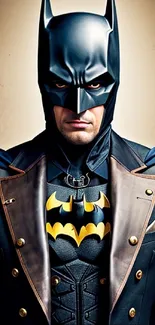 Steampunk Batman in detailed costume against a vintage backdrop.