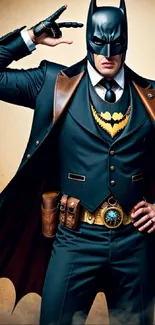 Steampunk Batman in Victorian-style suit with cape.