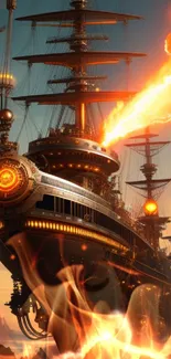 Steampunk battleship with fiery blast sailing in fantasy setting.