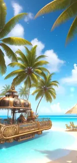 Steampunk boat on a tropical beach with palm trees and blue sky.