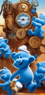 Steampunk-themed wallpaper with playful blue creatures and gears.