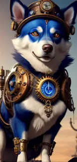 Steampunk dog with gears and blue tones in a fantasy art style.