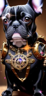 Steampunk bulldog with gears on a vivid art wallpaper.