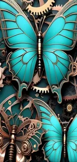 Steampunk butterfly art with teal and gears.