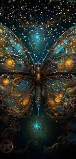 Steampunk butterfly with gears and vibrant colors on a dark background.