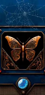 Steampunk butterfly with metallic design in blue theme.