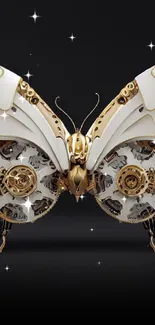 Steampunk butterfly with metallic gears and intricate design on a black background.