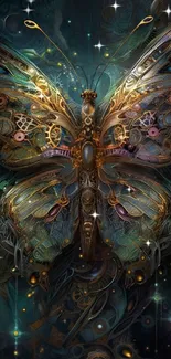 Intricate steampunk butterfly design with gears and metallic colors for mobile wallpaper.