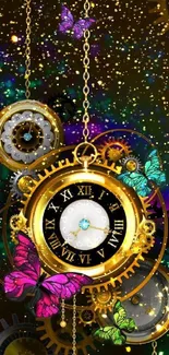 Steampunk wallpaper with clock, gears, and butterflies.