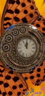 Steampunk butterfly clock with orange wings and gears design.