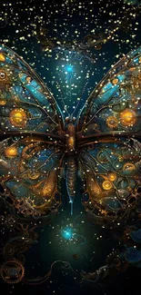 Steampunk butterfly with gears and vibrant colors on a dark background.