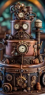 Intricately designed steampunk cake with clocks and gears.