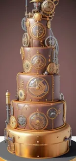 Steampunk themed cake with gears and brass elements in intricate design.