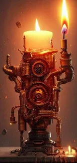 Steampunk candle with fiery glow on a mechanical base.