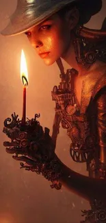 Steampunk android holding a candle in a dimly lit scene.