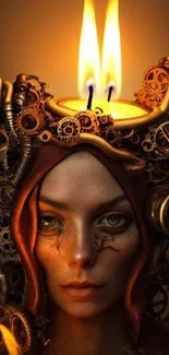 Steampunk-inspired portrait with candlelit headgear and mechanical elements.