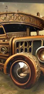 Steampunk car concept art with intricate vintage design in bronze tones.