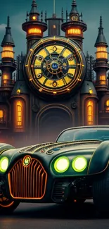 Steampunk car with clock tower background.