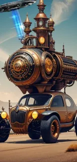 Steampunk car with a UFO in a surreal landscape.