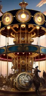 Steampunk carousel with gears and lights in a fantasy setting.