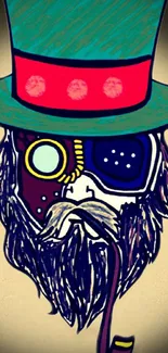 Steampunk bearded cartoon with a top hat and monocle pipe.