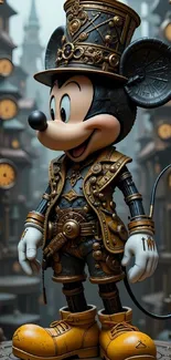 Cartoon character in steampunk attire with vintage gear background.