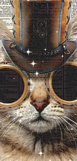 Steampunk cat with goggles and top hat on a vintage text background wallpaper.