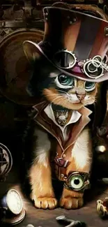 Steampunk cat wearing a top hat and goggles with vintage items.