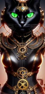 Steampunk cat artwork featuring vivid green eyes and intricate design elements.