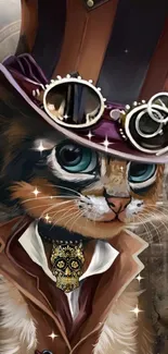 Steampunk cat with hat in whimsical wallpaper design.