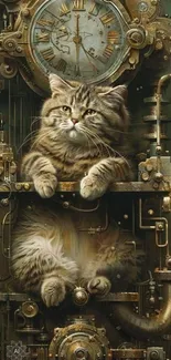 A cat sits within a steampunk clockwork setup with gears and vintage elements.