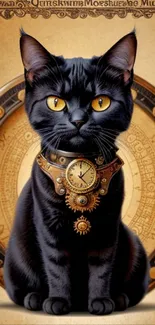 Steampunk cat with clock collar on vintage background wallpaper.