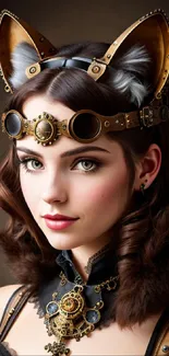 Steampunk art portrait of a woman with cat ears and goggles.