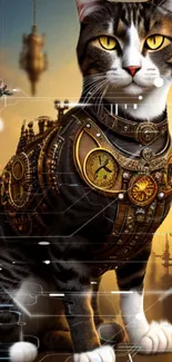 Steampunk cat in a fantasy setting with mechanical design elements.