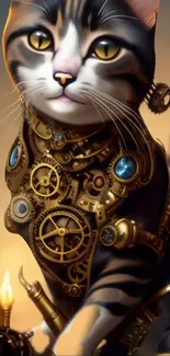 Steampunk cat with gears in a fantasy art style, perfect for wallpaper.