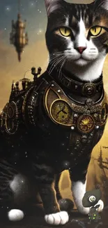 Steampunk fantasy cat with gears and a whimsical background.