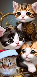 Steampunk kittens in a festive holiday setting with mechanical elements.