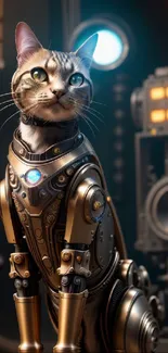 Steampunk cat in robotic armor with glowing gears background.