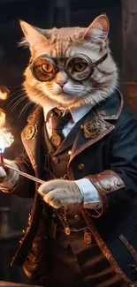 A steampunk cat wearing goggles in a workshop with fire.